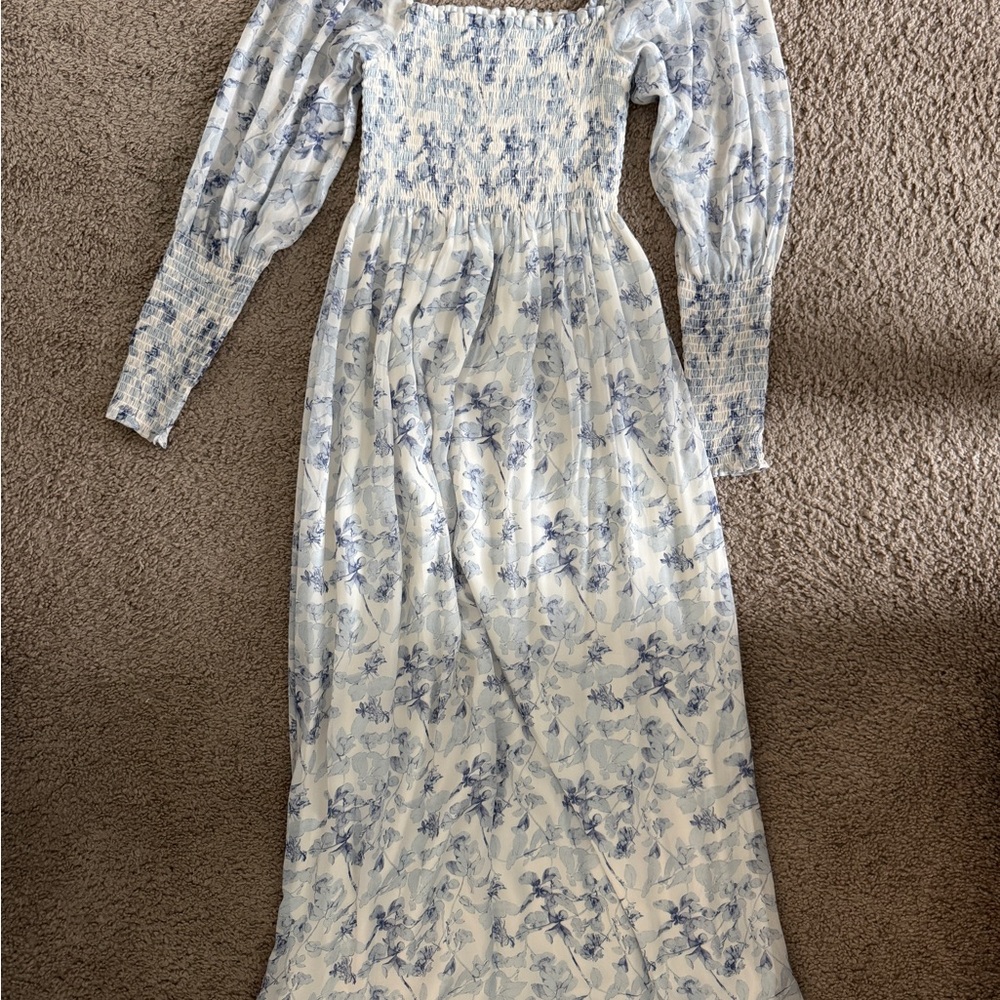 Hill House White and Blue Floral Smocked Maxi Dress